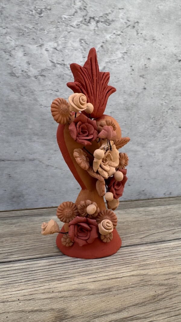 Handmade Clay Sacred Heart with Flowers from Oaxaca, Mexico Terracotta Folk Art Rustic Mexican Home Decor Exvoto Style, Corazon De Fuego - Image 2