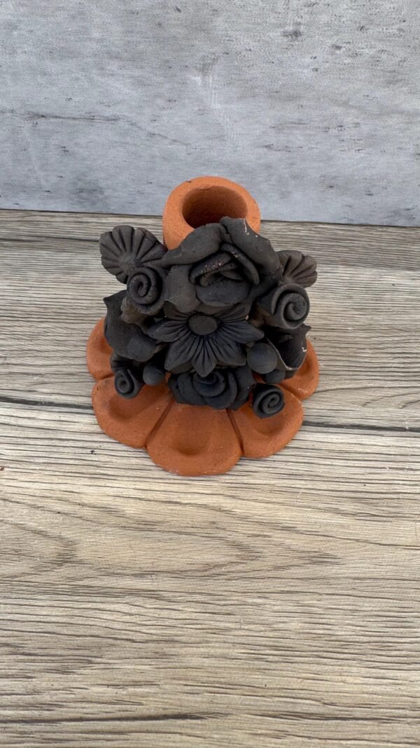 Handmade Clay Candle Holder from Oaxaca, Mexico Terracotta Floral Barro Decor, Mexican Folk Art Centerpiece Flower Design Porta velas - Image 2