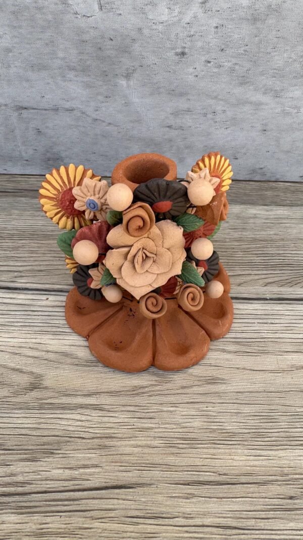 Handmade Clay Candle Holder from Oaxaca, Mexico Terracotta Floral Barro Decor, Mexican Folk Art Centerpiece Flower Design Porta velas - Image 2