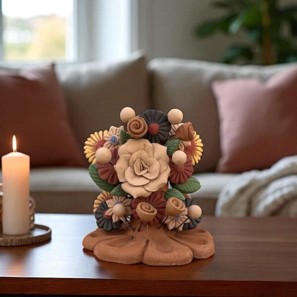 Handmade Clay Candle Holder from Oaxaca, Mexico Terracotta Floral Barro Decor, Mexican Folk Art Centerpiece Flower Design Porta velas