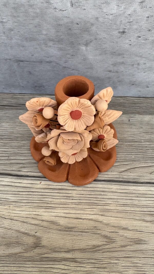 Handmade Clay Candle Holder from Oaxaca, Mexico Terracotta Floral Barro Decor, Mexican Folk Art Centerpiece Flower Design Porta velas - Image 2