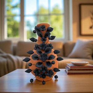 Handmade Oaxaca Clay Vase with Black Flowers, Mexican Barro Floral Decor Rustic Terracotta, Pottery Unique Artisan Vase Natural Clay