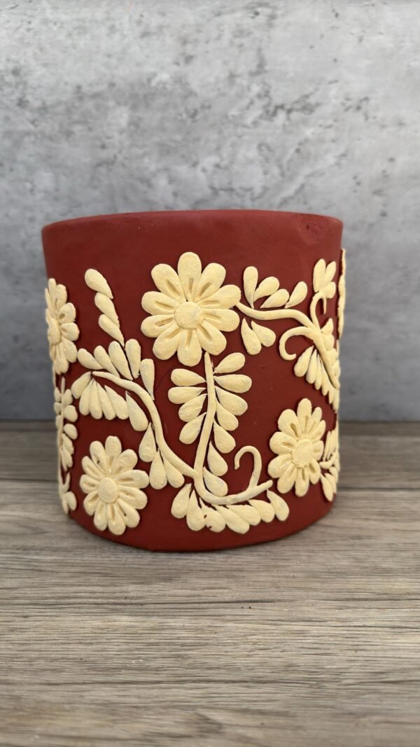 Embroidered Clay Planter Pot Oaxaca Filigrana Clay  Terracotta Flower Pot with Raised Floral Design, Red  Mexican Pottery  Artisans Handmade - Image 2