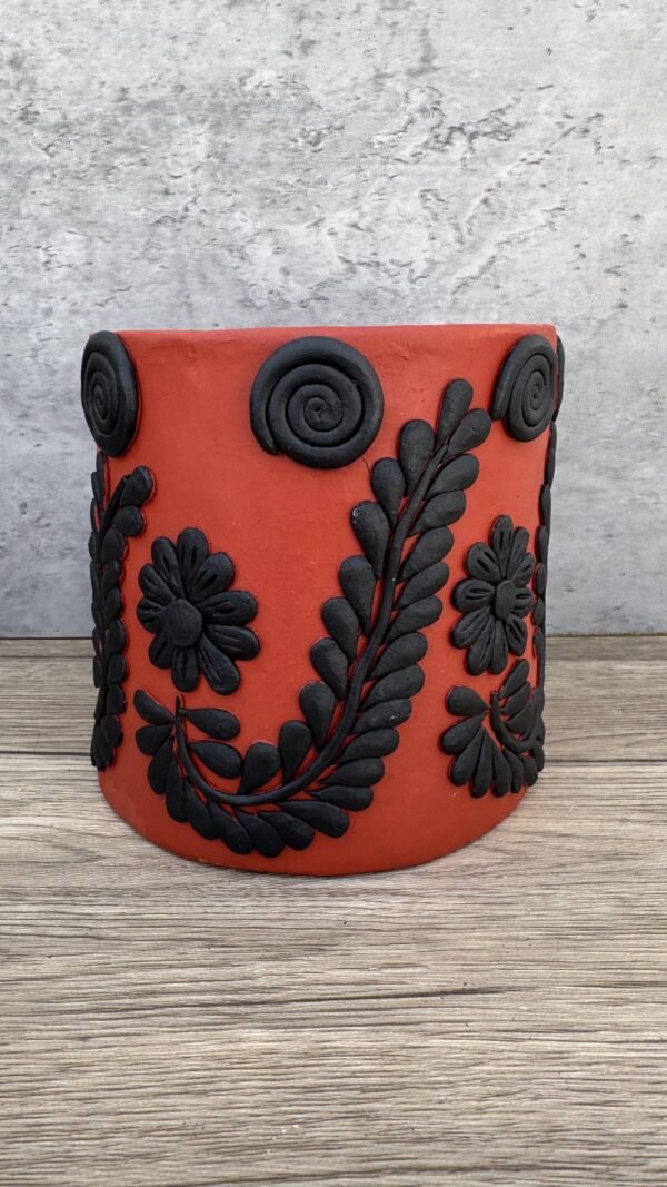 Embroidered Clay Planter Pot Oaxaca Filigrana Clay  Terracotta Flower Pot with Raised Floral Design, Red  Mexican Pottery  Artisans Handmade - Image 2