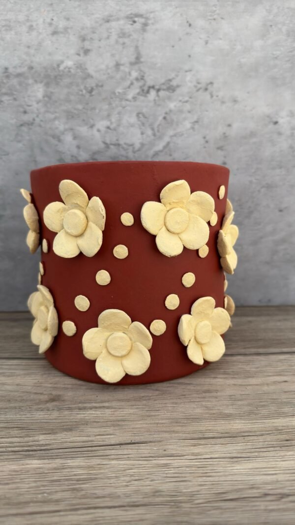 Embroidered Clay Planter Pot Oaxaca Filigrana Clay  Terracotta Flower Pot with Raised Floral Design, Red  Mexican Pottery  Artisans Handmade - Image 2