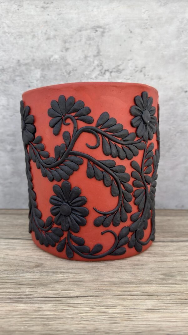 Embroidered Clay Planter Pot Oaxaca Filigrana Clay  Terracotta Flower Pot with Raised Floral Design, Red  Mexican Pottery  Artisans Handmade - Image 2