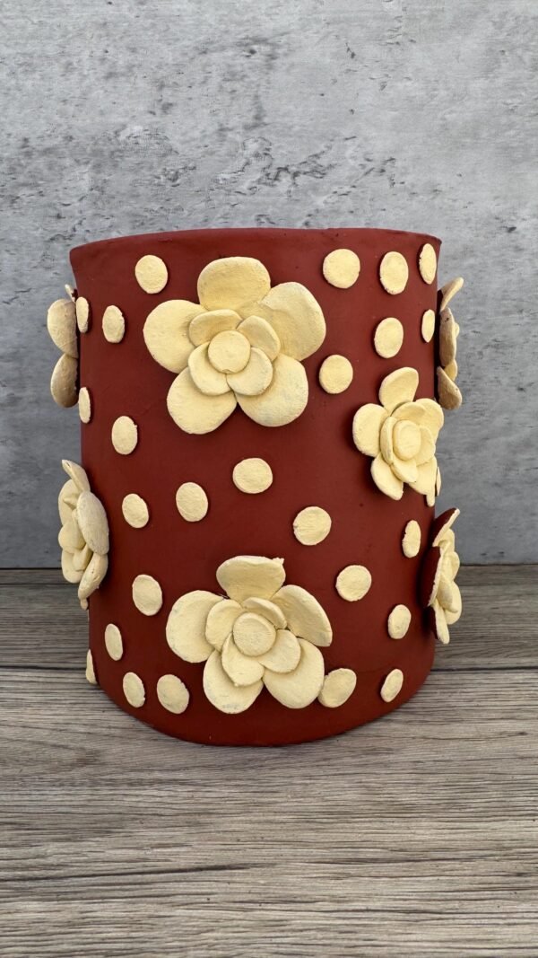 Embroidered Clay Planter Pot Oaxaca Filigrana Clay  Terracotta Flower Pot with Raised Floral Design, Red  Mexican Pottery  Artisans Handmade - Image 2