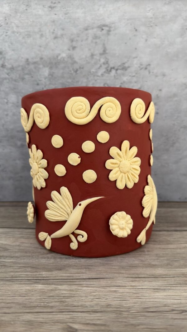Embroidered Clay Planter Pot Oaxaca Filigrana Clay  Terracotta Flower Pot with Raised Floral Design, Red  Mexican Pottery  Artisans Handmade - Image 2