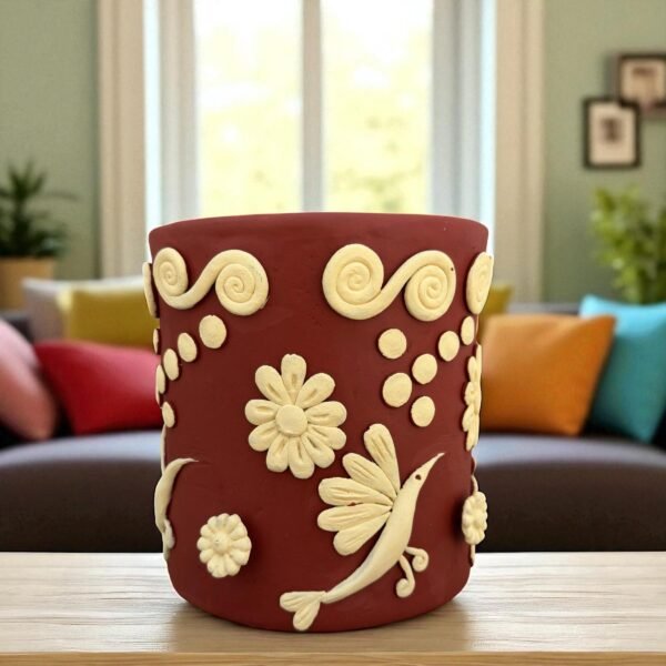 Embroidered Clay Planter Pot Oaxaca Filigrana Clay  Terracotta Flower Pot with Raised Floral Design, Red  Mexican Pottery  Artisans Handmade