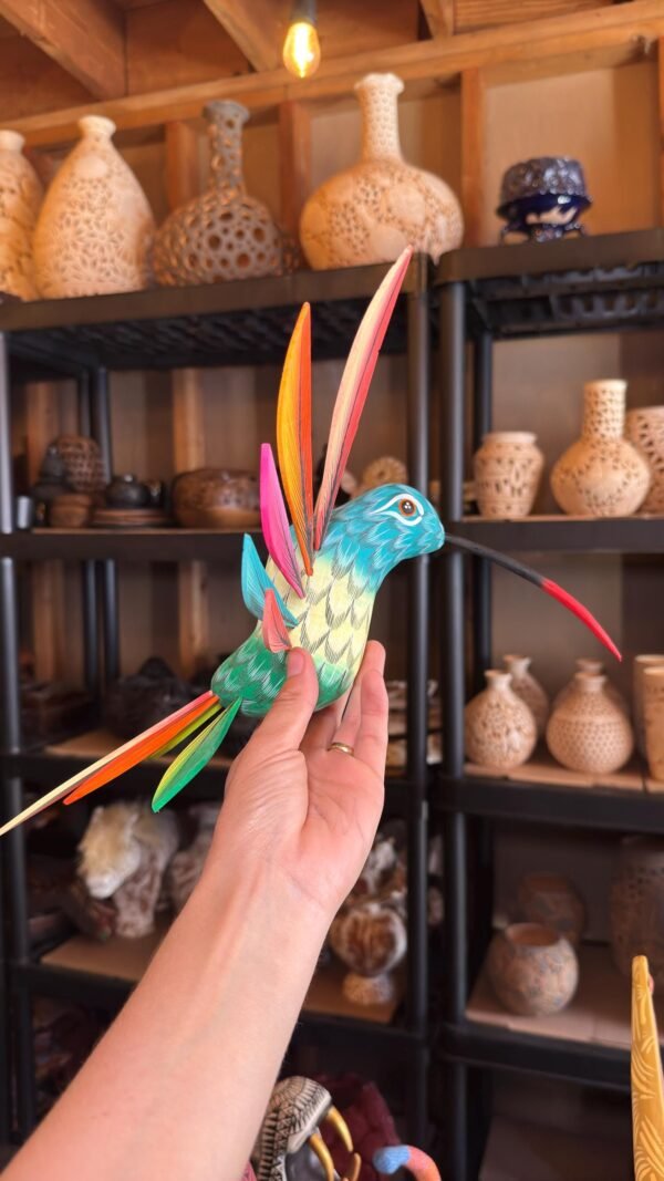 Large Hummingbird Oaxaca Statue Mexican Folk Art Alebrije Sculpture, Wooden  Decoration Figure, Made Of Wood And Carved By Hand 15” Long - Image 3
