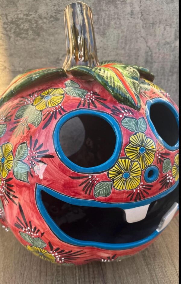 Talavera Halloween Pumpkin  Handmade Colorful  Ceramic Jack-O’-Lantern Artisan Pottery from Puebla Unique Fall & Day of the Dead Spooky Art - Image 4