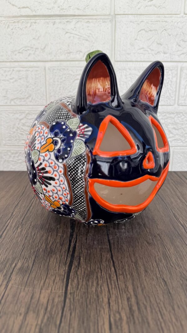 Talavera Halloween Pumpkin  Handmade Colorful  Ceramic Jack-O’-Lantern Artisan Pottery from Puebla Unique Fall & Day of the Dead Spooky Art - Image 3