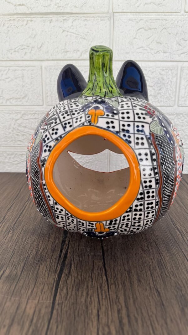 Talavera Halloween Pumpkin  Handmade Colorful  Ceramic Jack-O’-Lantern Artisan Pottery from Puebla Unique Fall & Day of the Dead Spooky Art - Image 4