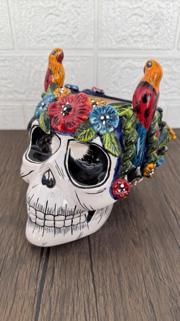 Skull Talavera Flower Vase Pot -Puebla Hand Painted Ceramic, Halloween, Día De Los Muertos Authentic Mexican Decor, Artisan-Crafted Floral - Image 3