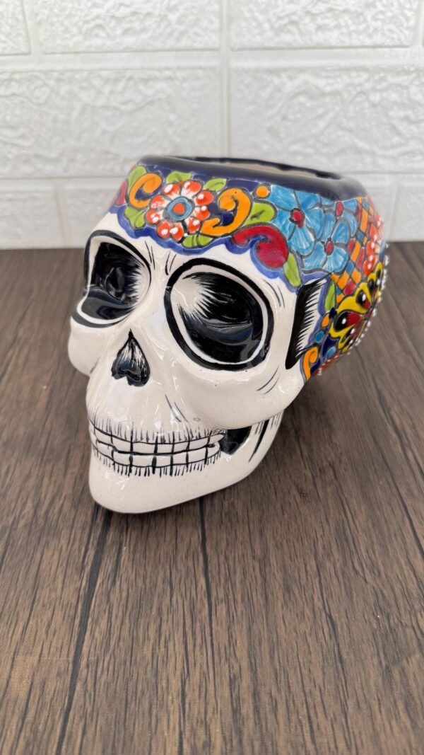 Skull Talavera Flower Vase Pot -Puebla Hand Painted Ceramic, Halloween, Día De Los Muertos Authentic Mexican Decor, Artisan-Crafted Floral - Image 4