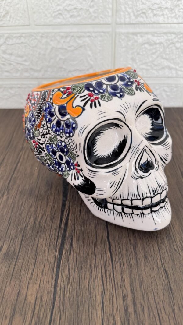 Skull Talavera Flower Vase Pot -Puebla Hand Painted Ceramic, Halloween, Día De Los Muertos Authentic Mexican Decor, Artisan-Crafted Floral - Image 3