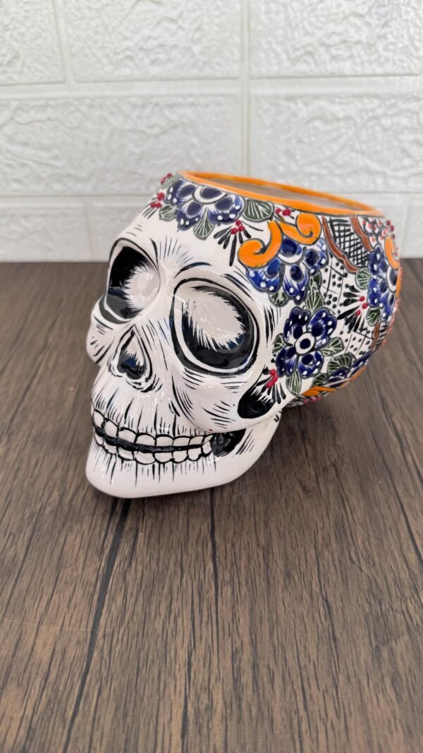 Skull Talavera Flower Vase Pot -Puebla Hand Painted Ceramic, Halloween, Día De Los Muertos Authentic Mexican Decor, Artisan-Crafted Floral - Image 4