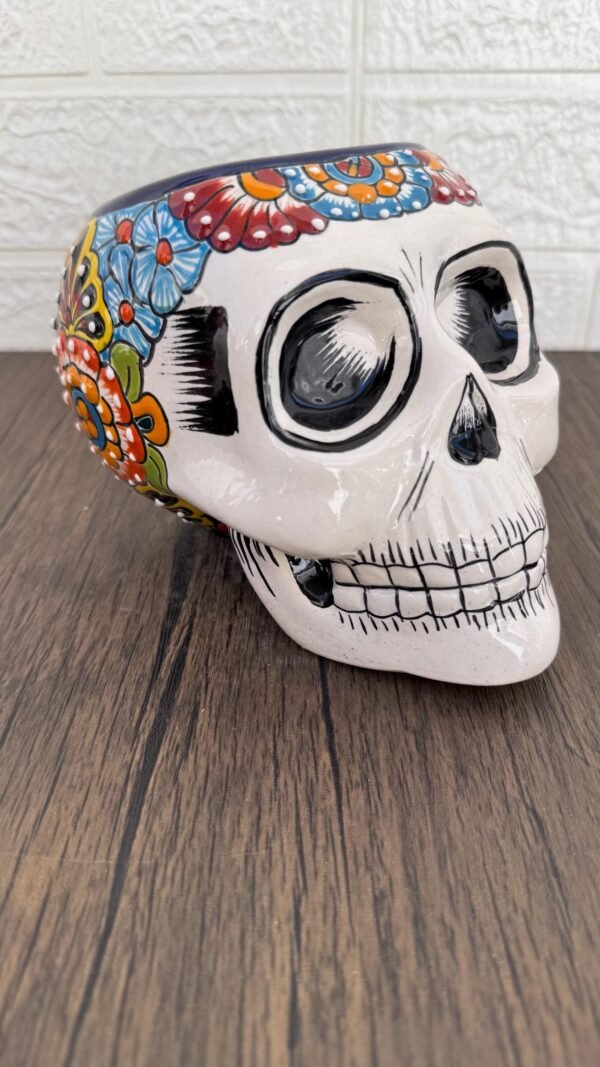 Skull Talavera Flower Vase Pot -Puebla Hand Painted Ceramic, Halloween, Día De Los Muertos Authentic Mexican Decor, Artisan-Crafted Floral - Image 3
