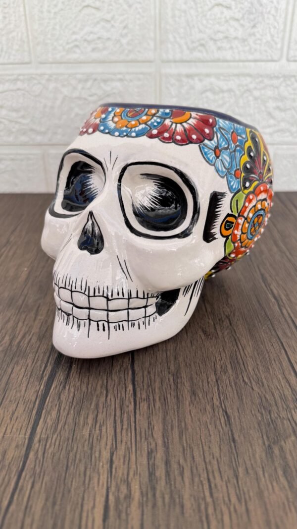 Skull Talavera Flower Vase Pot -Puebla Hand Painted Ceramic, Halloween, Día De Los Muertos Authentic Mexican Decor, Artisan-Crafted Floral - Image 4
