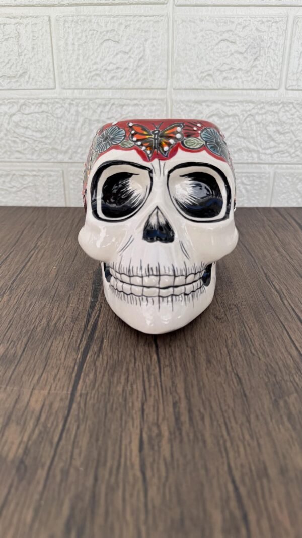 Skull Talavera Flower Vase Pot -Puebla Hand Painted Ceramic, Halloween, Día De Los Muertos Authentic Mexican Decor, Artisan-Crafted Floral - Image 4