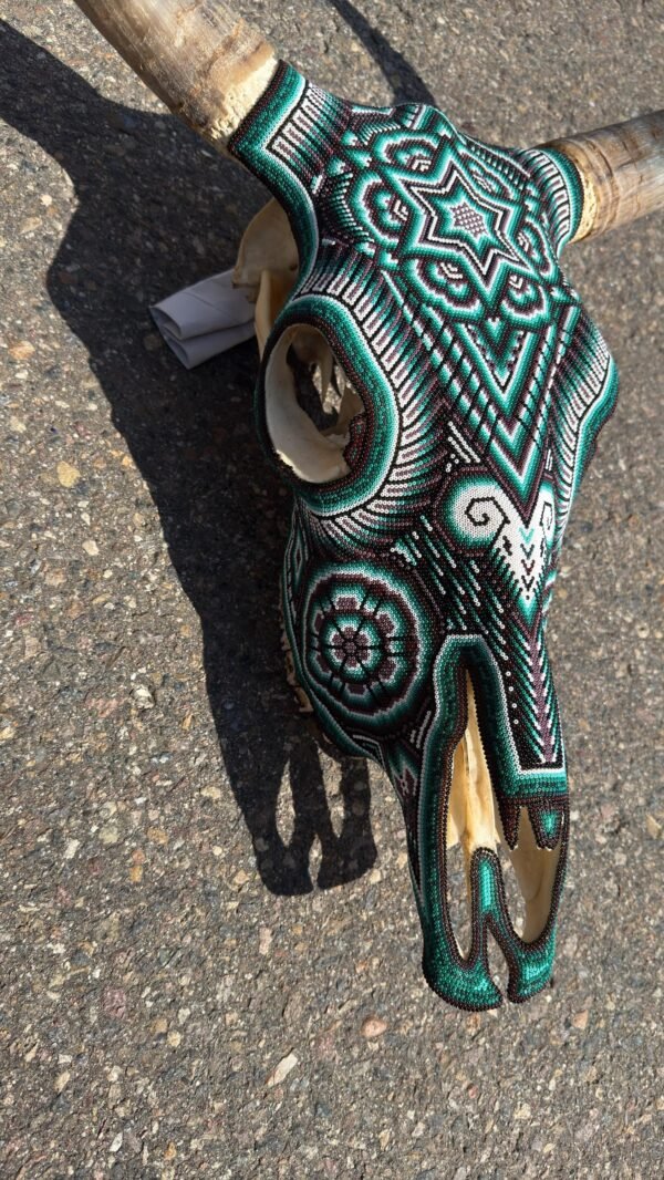 Bull Sculpture Huichol Statue Of Mexican Folk Art, Cow Wixarika As A Mexican Decorative Figure, Made Of Beads On Real Skull. “We Customize” - Image 6