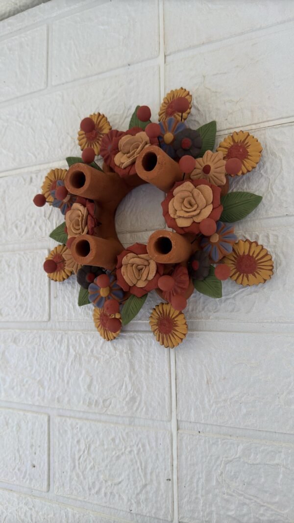 Corona De Adviento (4) Clay Handmade Candle Holder Advent Wreath with Colorful Flowers– Artisan Clay Centerpiece for Christmas Celebrations - Image 3