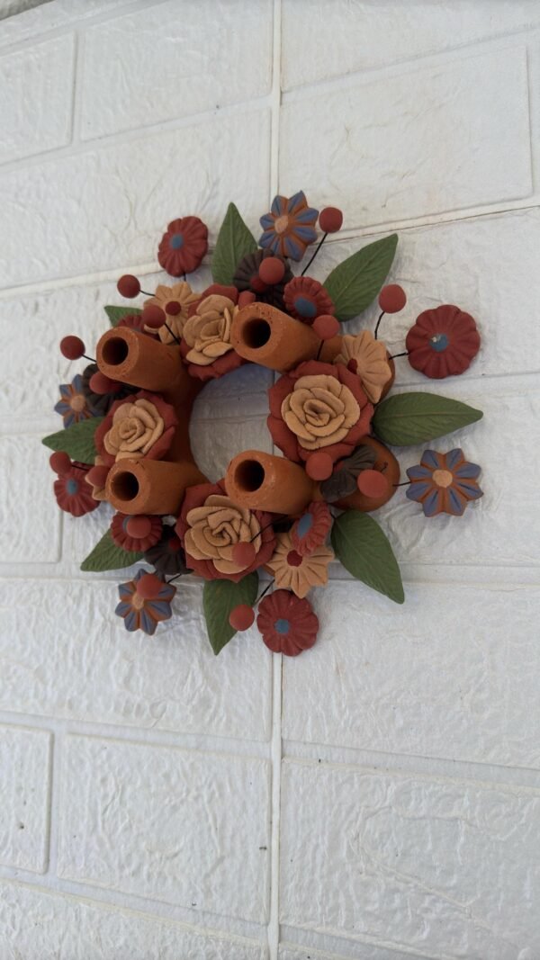Corona De Adviento (4) Clay Handmade Candle Holder Advent Wreath with Colorful Flowers– Artisan Clay Centerpiece for Christmas Celebrations - Image 3