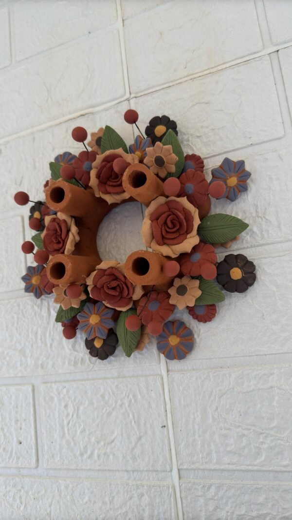 Corona De Adviento (4) Clay Handmade Candle Holder Advent Wreath with Colorful Flowers– Artisan Clay Centerpiece for Christmas Celebrations - Image 3