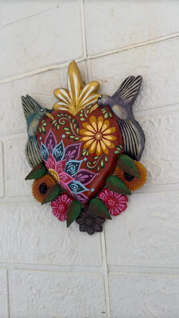 Corazon Sagrado Hummingbird Mexican Clay Decoration, MexicanHeart, Heart Wall Hanging, Decorative Heart, Rustic Heart Decor, Heart Statue - Image 3
