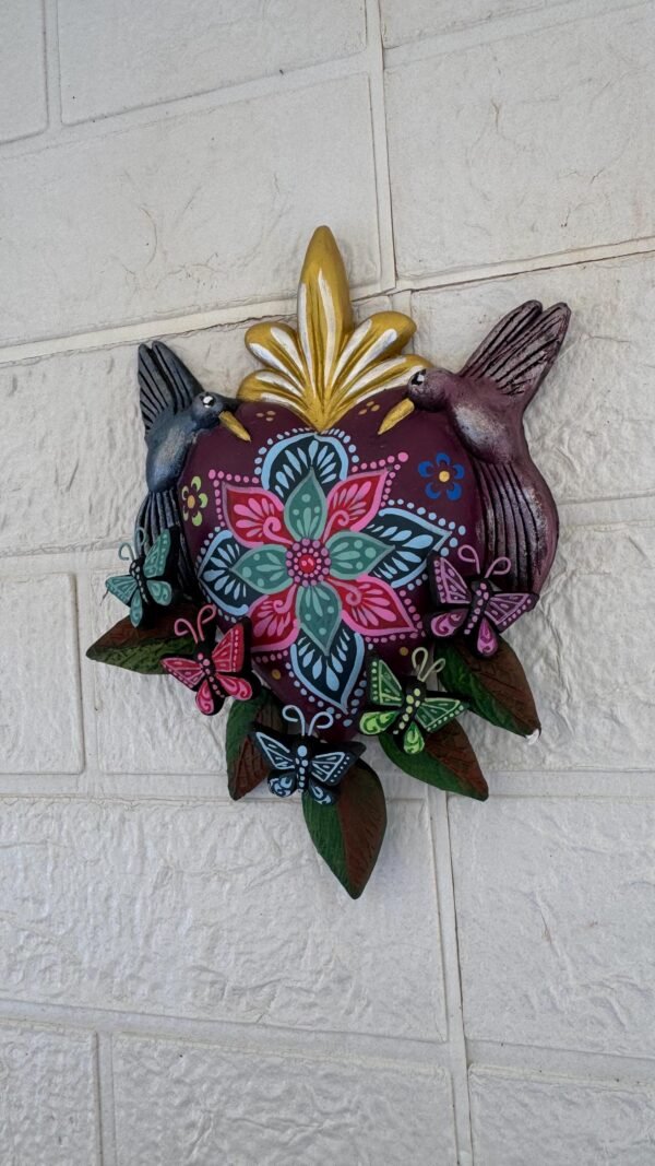 Corazon Sagrado Hummingbird Mexican Clay Decoration, MexicanHeart, Heart Wall Hanging, Decorative Heart, Rustic Heart Decor, Heart Statue - Image 3
