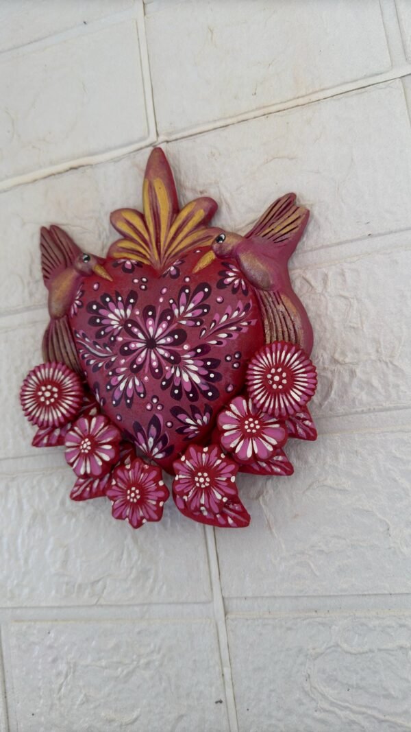 Corazon Sagrado Hummingbird Mexican Clay Decoration, MexicanHeart, Heart Wall Hanging, Decorative Heart, Rustic Heart Decor, Heart Statue - Image 3