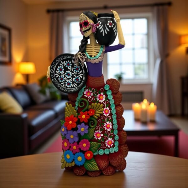 Catrina Skull Frida Kahlo Doll, Michoacan Mexico Made by Artisans Day Of The Dead, Human Skeleton, Mexican Decorations, Sugar Skull 13” Tall