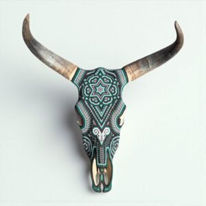 Bull Sculpture Huichol Statue Of Mexican Folk Art, Cow Wixarika As A Mexican Decorative Figure, Made Of Beads On Real Skull. “We Customize”