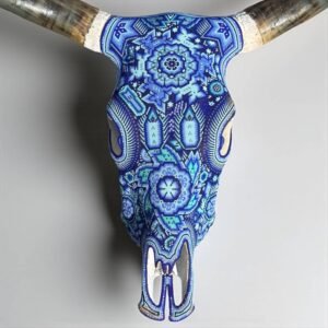 Bull Sculpture Huichol Statue Of Mexican Folk Art, Cow Wixarika As A Mexican Decorative Figure, Made Of Beads On Real Skull. “We Customize”