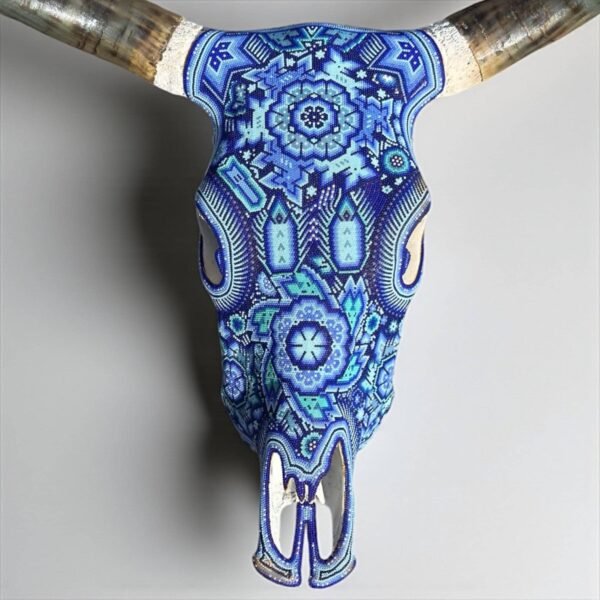Bull Sculpture Huichol Statue Of Mexican Folk Art, Cow Wixarika As A Mexican Decorative Figure, Made Of Beads On Real Skull. “We Customize”