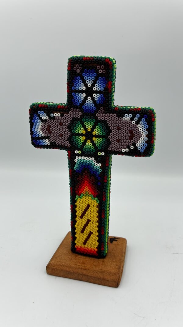 Handmade Huichol Beaded Cross from Nayarit, Mexico – Crucifix Colorful Mexican Folk Art Crucifix Made Wood And Resin And Beads - Image 2