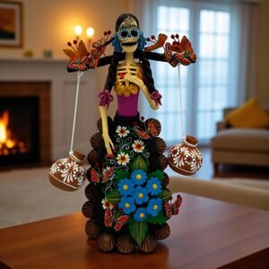 Catrina Skull Frida Kahlo Doll, Michoacan Mexico Made by Artisans Day Of The Dead, Human Skeleton, Mexican Decorations, Sugar Skull 13” Tall
