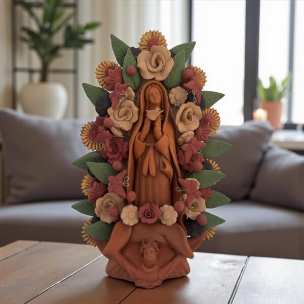 Virgin Mary Handmade Clay Piece, Virgen de Guadalupe  Mexican Decoration, Mary Virgin Sculpture, Metepec Estado de México Virgencita