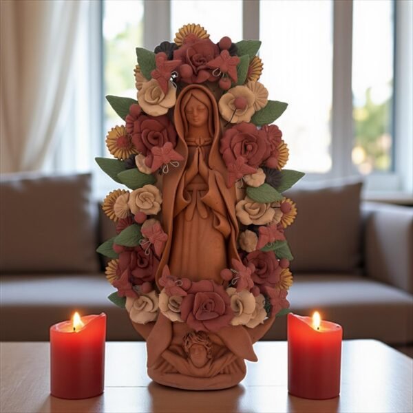 Virgin Mary Handmade Clay Piece, Virgen de Guadalupe  Mexican Decoration, Mary Virgin Sculpture, Metepec Estado de México Virgencita