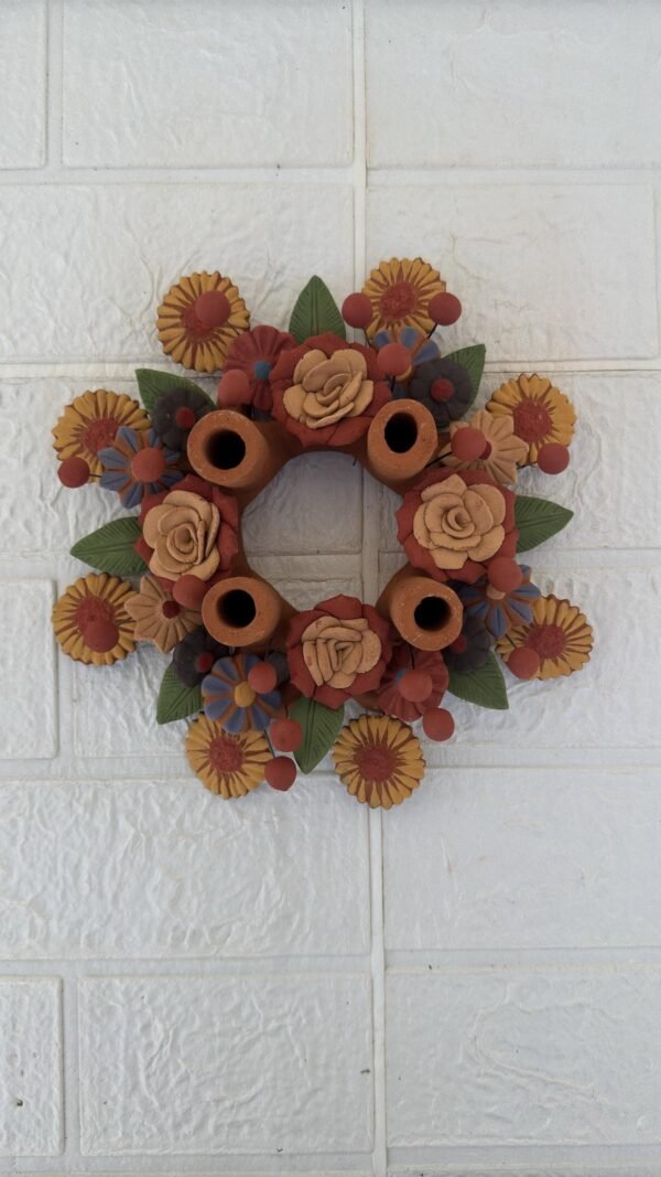 Corona De Adviento (4) Clay Handmade Candle Holder Advent Wreath with Colorful Flowers– Artisan Clay Centerpiece for Christmas Celebrations