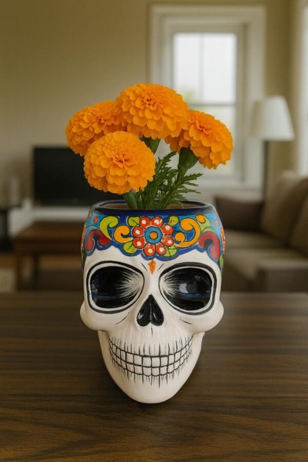 Skull Talavera Flower Vase Pot -Puebla Hand Painted Ceramic, Halloween, Día De Los Muertos Authentic Mexican Decor, Artisan-Crafted Floral