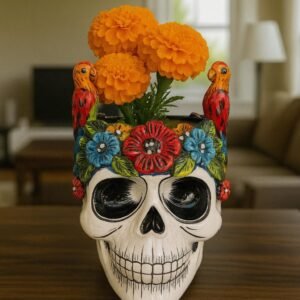 Skull Talavera Flower Vase Pot -Puebla Hand Painted Ceramic, Halloween, Día De Los Muertos Authentic Mexican Decor, Artisan-Crafted Floral