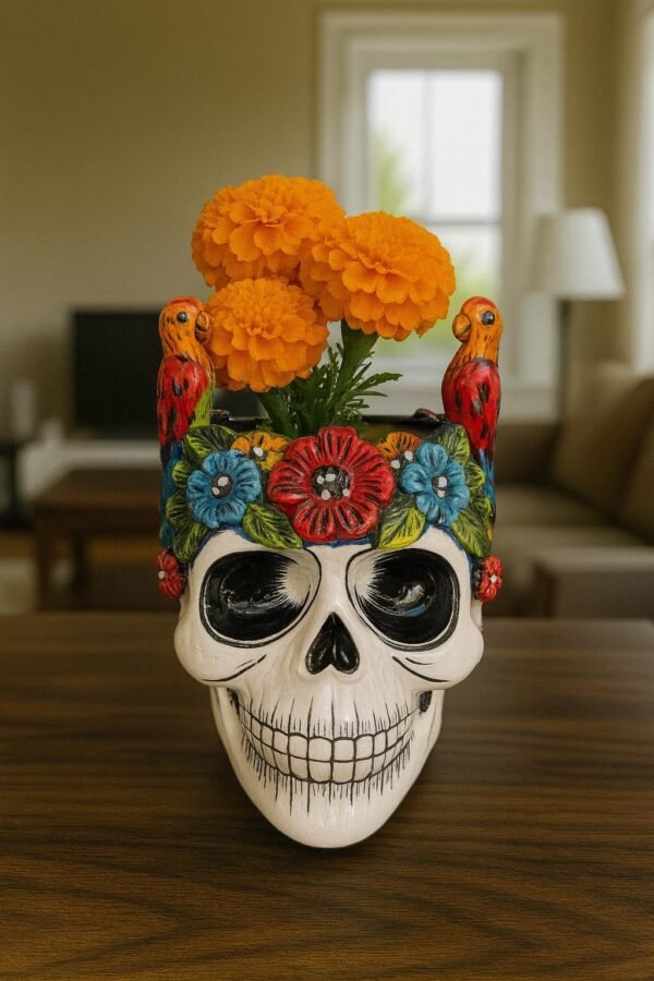 Skull Talavera Flower Vase Pot -Puebla Hand Painted Ceramic, Halloween, Día De Los Muertos Authentic Mexican Decor, Artisan-Crafted Floral