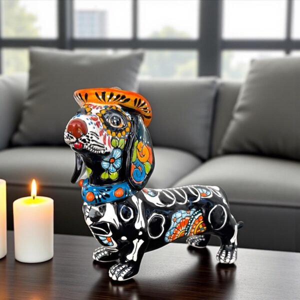 Talavera Dachshund Scupture Ceramic Dog, Talavera Pottery, Puebla Mexican Pottery, Dachshund Statue, Handmade And Hand Painted  Home Decor