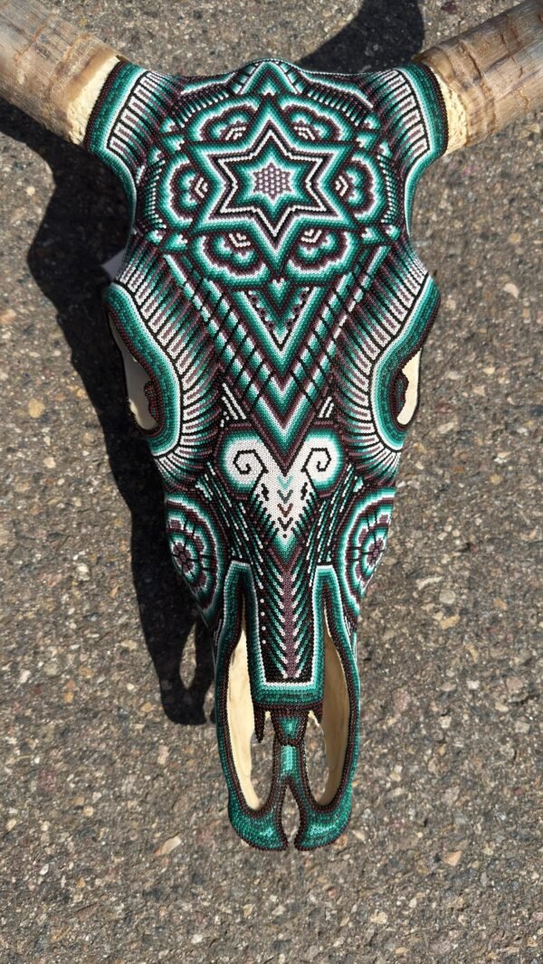 Bull Sculpture Huichol Statue Of Mexican Folk Art, Cow Wixarika As A Mexican Decorative Figure, Made Of Beads On Real Skull. “We Customize” - Image 2