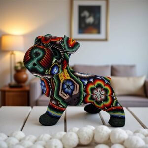 Dog Schnauzer Statue Huichol Sculpture Of Mexican Folk Art, Pet Wixarika As A Mexican Decorative Figure, Made Of Resin And Beads