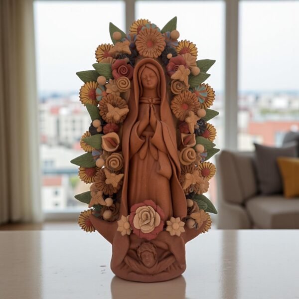 Virgin Mary Handmade Clay Piece, Virgen de Guadalupe  Mexican Decoration, Mary Virgin Sculpture, Metepec Estado de México Virgencita