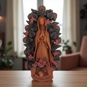 Virgin Mary Handmade Clay Piece, Virgen de Guadalupe  Mexican Decoration, Mary Virgin Sculpture, Metepec Estado de México Virgencita