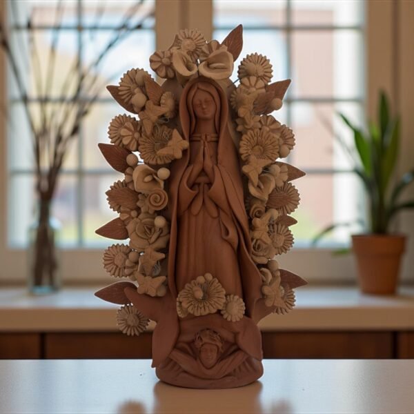 Virgin Mary Handmade Clay Piece, Virgen de Guadalupe  Mexican Decoration, Mary Virgin Sculpture, Metepec Estado de México Virgencita