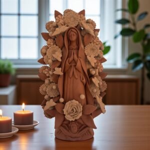 Virgin Mary Handmade Clay Piece, Virgen de Guadalupe  Mexican Decoration, Mary Virgin Sculpture, Metepec Estado de México Virgencita